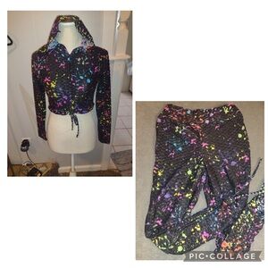 Love Star Black w/ Neon Paint Splash Rouched Hoodie & Leggings Set Large